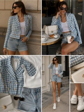 Jason Wu Blue & White Tweed Cropped Blazer Gold  Buttons Women’s Size 0 NWT